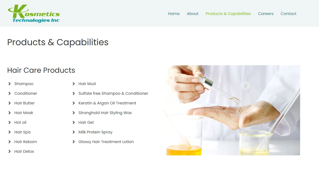 List of hair care products by Kosmetics Technologies Inc alongside an image of a person using a dropper with liquid.